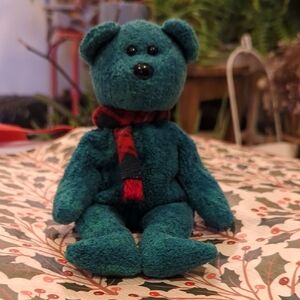 Teal Plush Bear with Red and Black Scarf